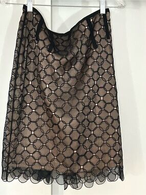 BCBGMaxAzria Black Mesh Overlay Midi Skirt with Nude Lining